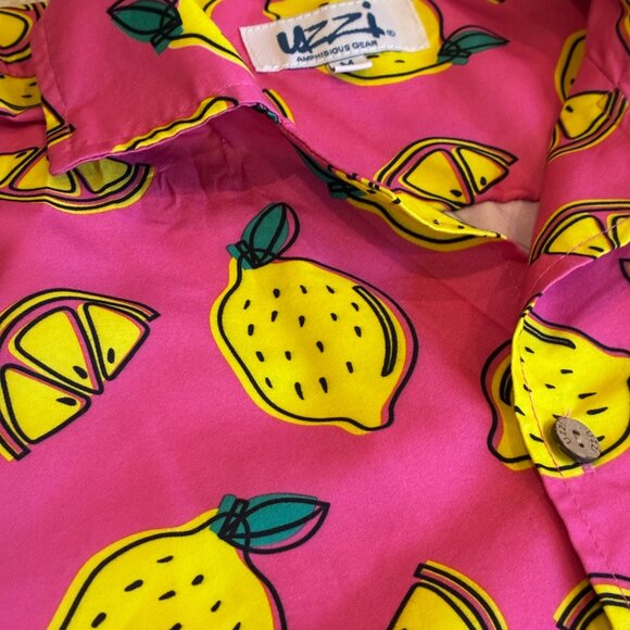 Uzzi Pink with Yellow Lemons Hawaiian Short-sleeve Shirt Top Medium - Picture 3 of 10